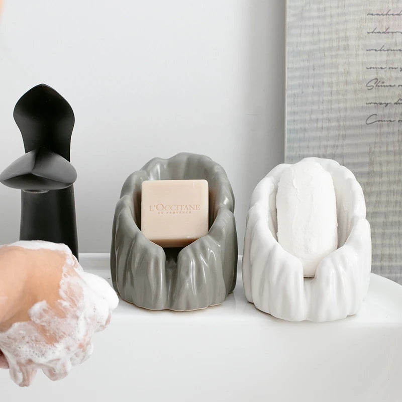 Ceramic Soap Box Household Bathroom Soap Dish Toilet Holder Sloped Drain Storage Accessories Stone Pattern Bathroom Storage Tray