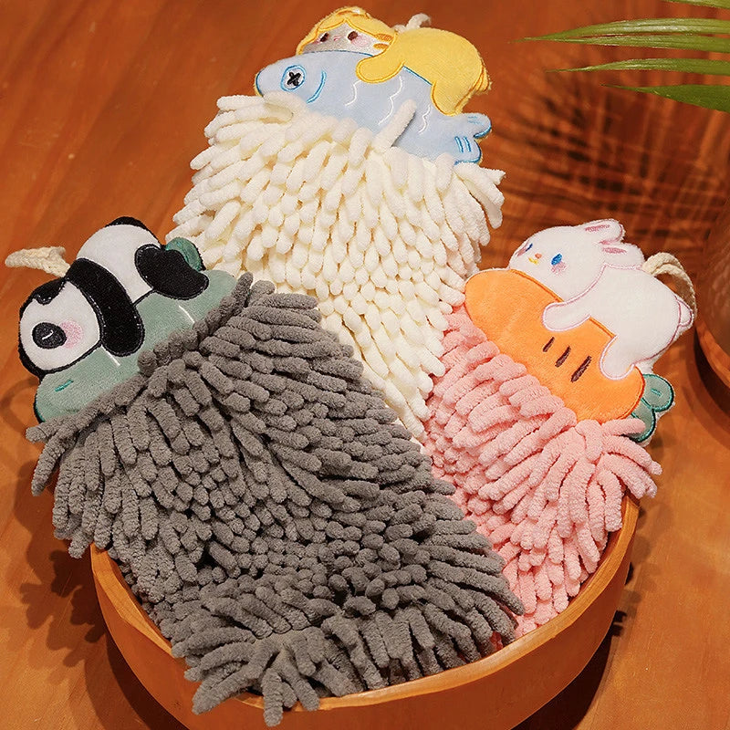 Cartoon Animals Chenille Hand Towel Ball Microfiber Soft Quick-Drying Wipe Rag Kitchen Hangable Cleaning Cloth Absorbent Towels