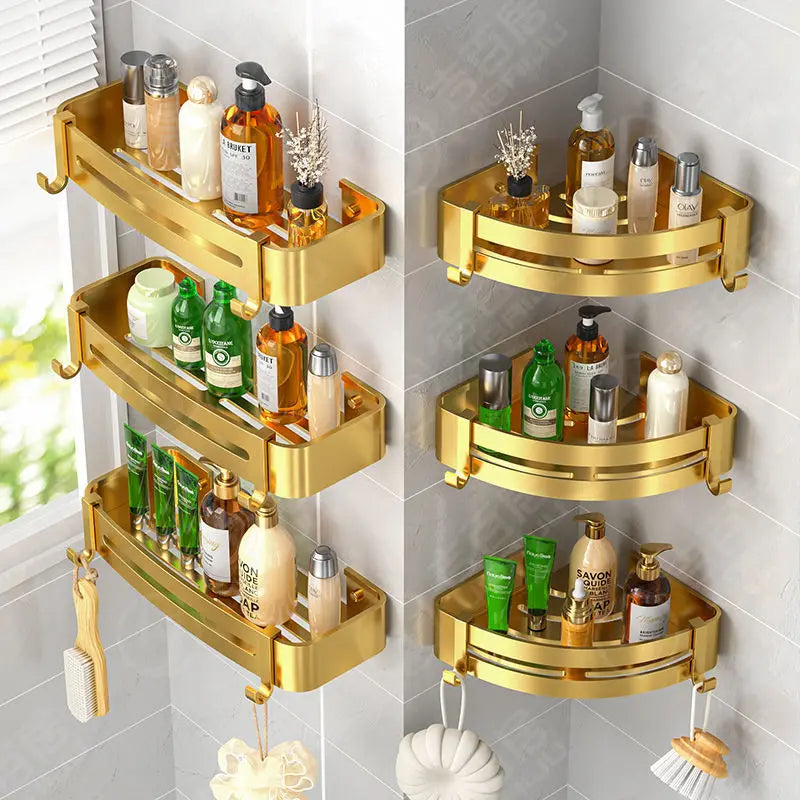 Toilet Storage Rack Bathroom Accessory Corner Golden Metallic Style Non Punching Wall Hanging Wall Mounted Toiletry Shelf