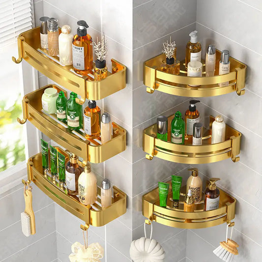 Toilet Storage Rack Bathroom Accessory Corner Golden Metallic Style Non Punching Wall Hanging Wall Mounted Toiletry Shelf