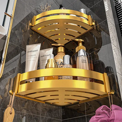 Toilet Storage Rack Bathroom Accessory Corner Golden Metallic Style Non Punching Wall Hanging Wall Mounted Toiletry Shelf