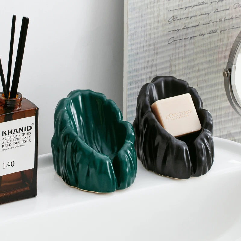 Ceramic Soap Box Household Bathroom Soap Dish Toilet Holder Sloped Drain Storage Accessories Stone Pattern Bathroom Storage Tray