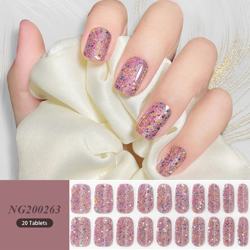 Golden Marble Gel Nail Strips Patch Sliders Flowers Gradient Color Adhesive Full Cover Gel Nail Stcikers UV Lamp Cured Manicure