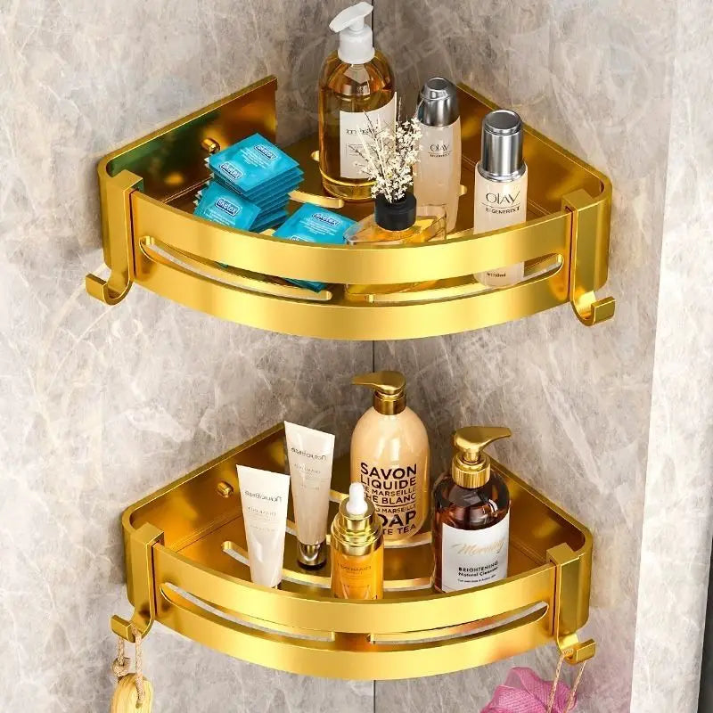 Toilet Storage Rack Bathroom Accessory Corner Golden Metallic Style Non Punching Wall Hanging Wall Mounted Toiletry Shelf