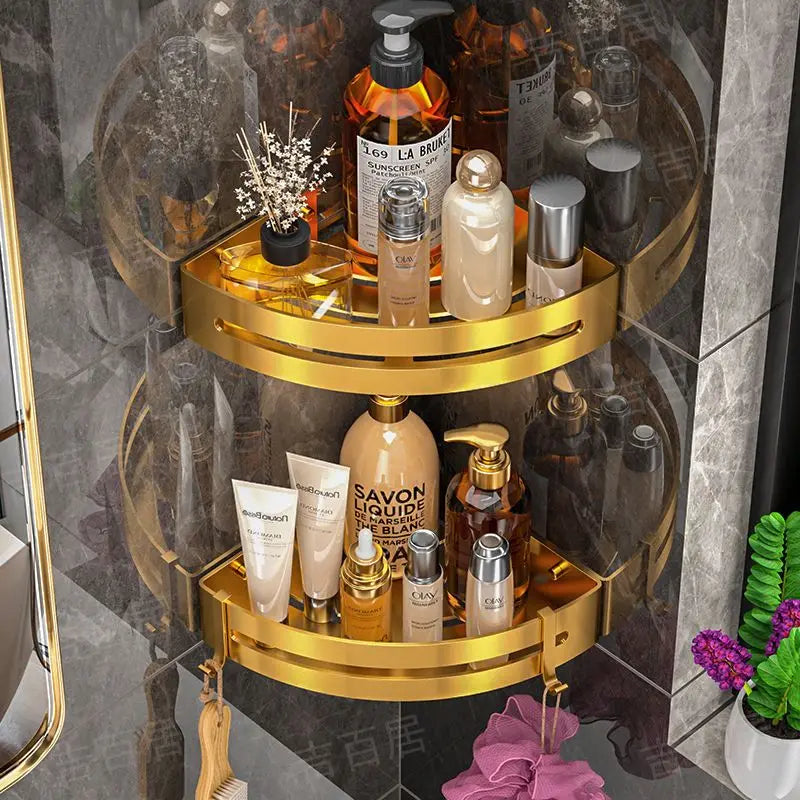 Toilet Storage Rack Bathroom Accessory Corner Golden Metallic Style Non Punching Wall Hanging Wall Mounted Toiletry Shelf