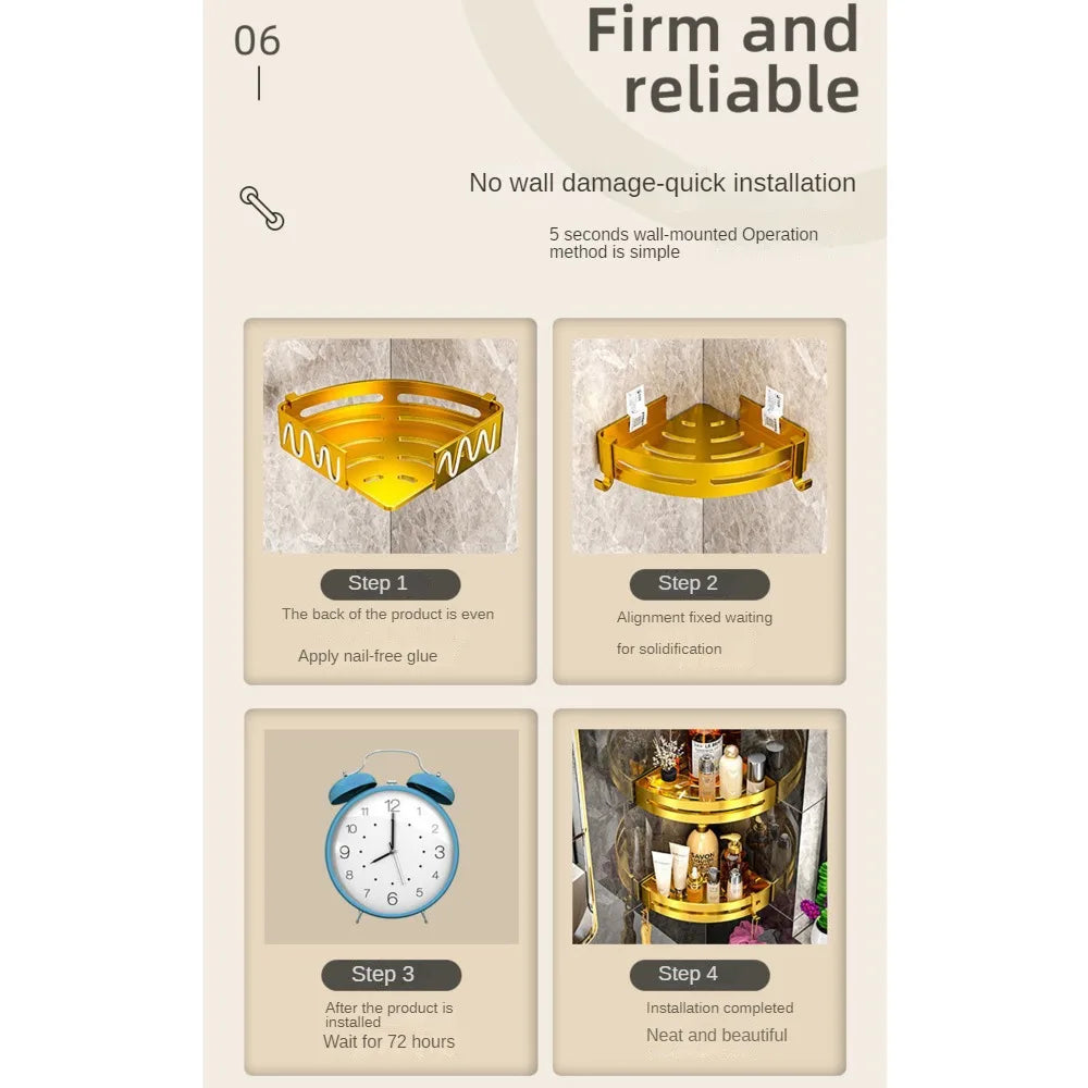 Toilet Storage Rack Bathroom Accessory Corner Golden Metallic Style Non Punching Wall Hanging Wall Mounted Toiletry Shelf